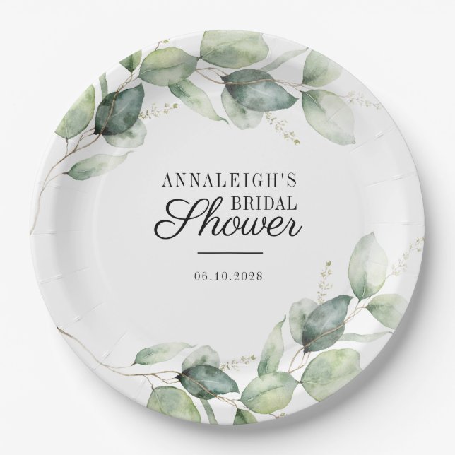 Eucalyptus Greenery Botanical Bridal Shower Paper Plates (Front)