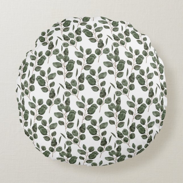 Eucalyptus Greenery Botanical Green White Trendy Round Pillow (Front)