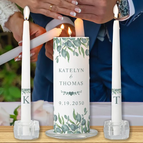 Eucalyptus Greenery Botanical Monogram Wedding Unity Candle Set