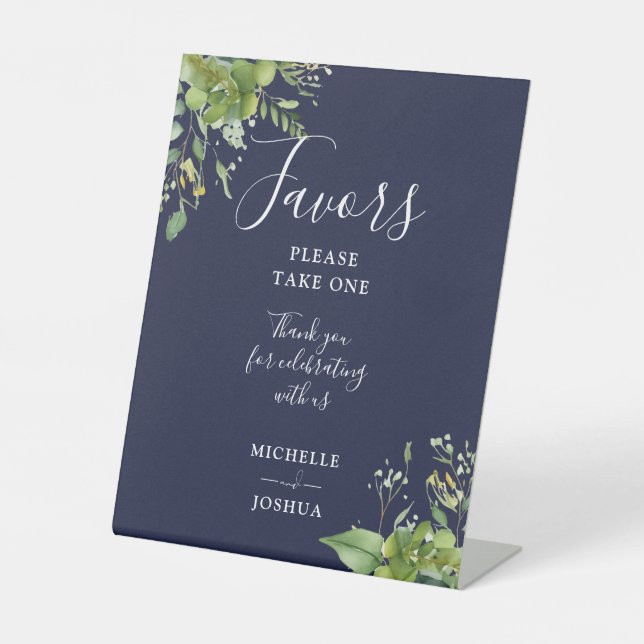 Eucalyptus Greenery Botanical Navy Blue Favors Pedestal Sign (Front)