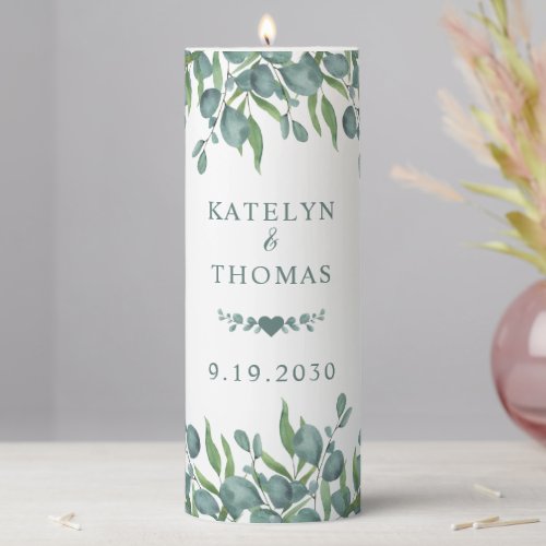 Eucalyptus Greenery Botanical Personalized Wedding Pillar Candle