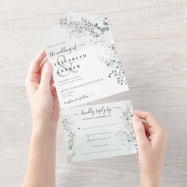 Eucalyptus Greenery Botanical QR Code Wedding All In One Invitation (Tearaway)