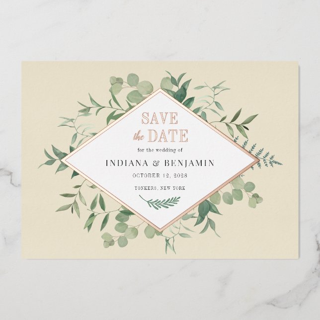 Eucalyptus Greenery Botanical Save the Date Gold Foil Invitation (Front)
