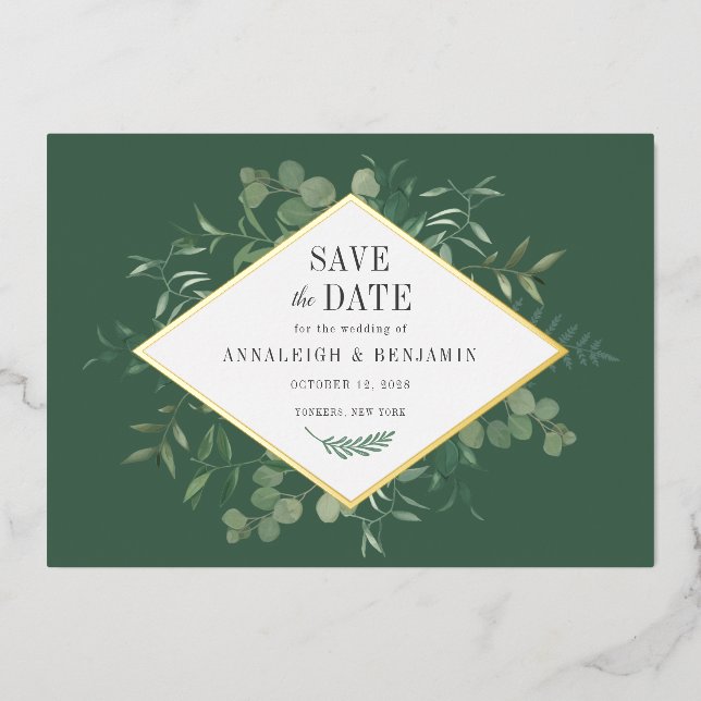 Eucalyptus Greenery Botanical Save the Date Gold Foil Invitation (Front)
