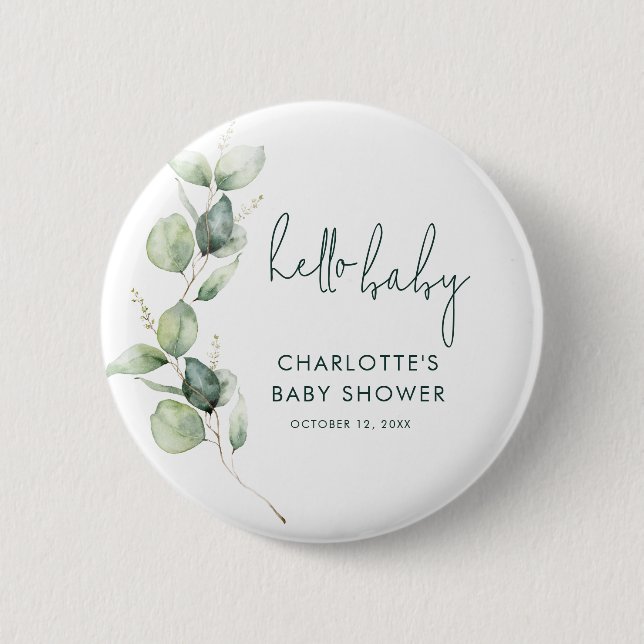 Eucalyptus Greenery Botanical Script Baby Shower Button (Front)