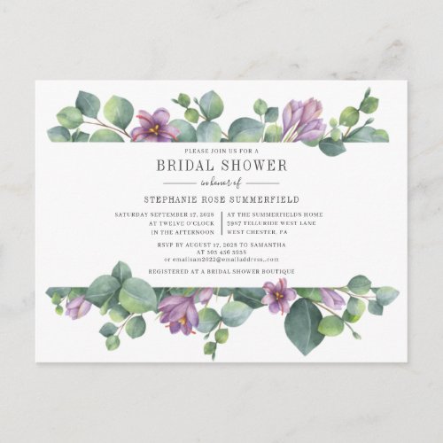 Eucalyptus Greenery Botanical Script Bridal Shower Invitation Postcard