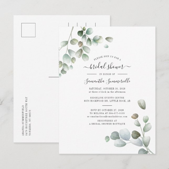 Eucalyptus Greenery Botanical Script Bridal Shower Invitation Postcard (Front/Back)