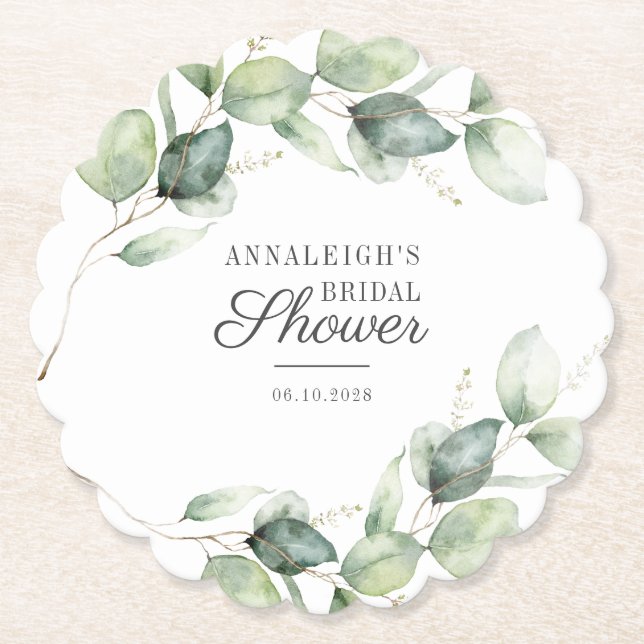 Eucalyptus Greenery Botanical Script Bridal Shower Paper Coaster (Front)
