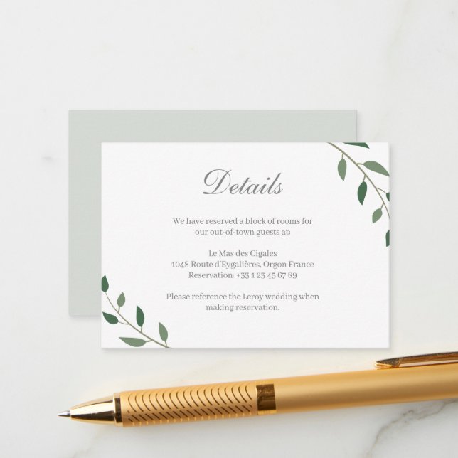 Eucalyptus Greenery Botanical Wedding Hotel Detail Enclosure Card (Front/Back In Situ)