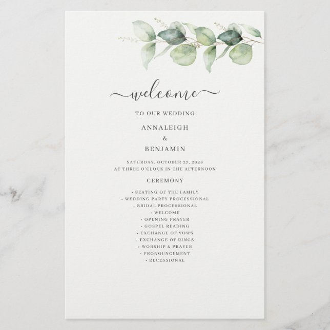 Eucalyptus Greenery Botanical Wedding Program (Front)