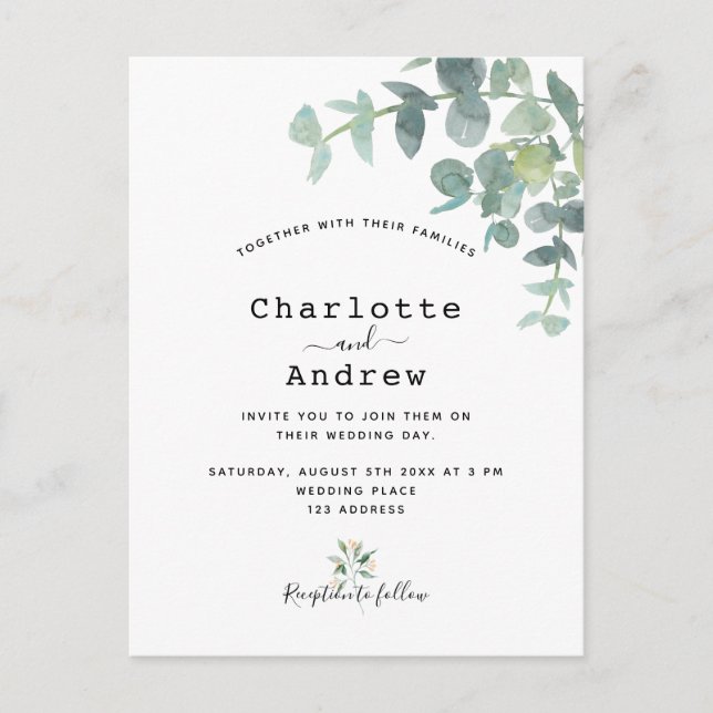 Eucalyptus greenery botanical white wedding postcard (Front)
