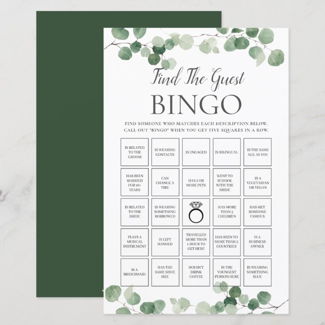 Eucalyptus Greenery Bridal Find the Guest Bingo  (Front/Back)