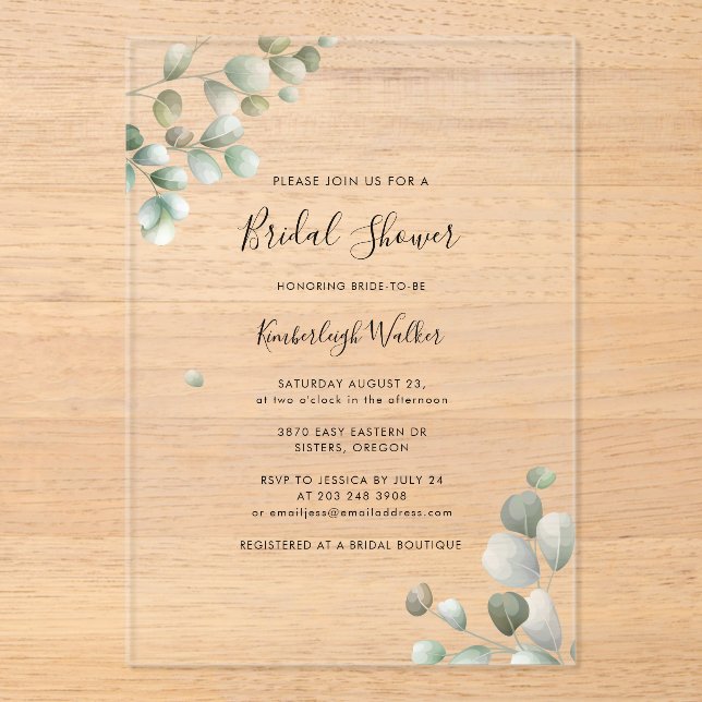 Eucalyptus Greenery Bridal Shower Acrylic Invitations (Front)
