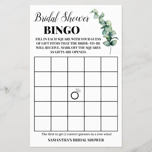 Eucalyptus Greenery Bridal Shower Bingo Game Card Flyer (Front)