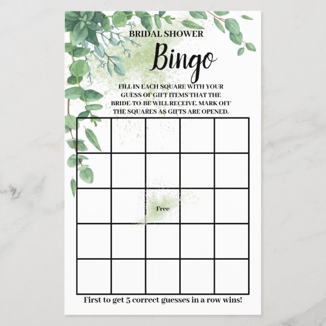 Eucalyptus Greenery Bridal Shower Bingo Game Card Flyer (Front)
