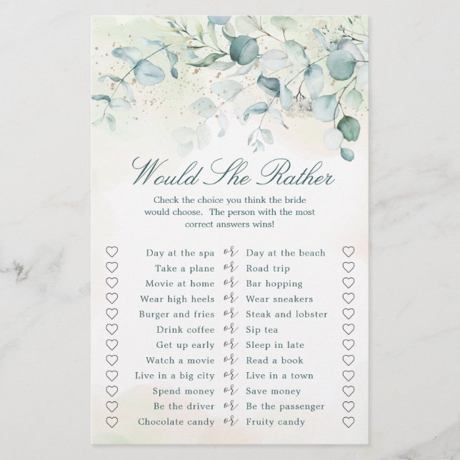 Eucalyptus Greenery Bridal Shower Game (Front)