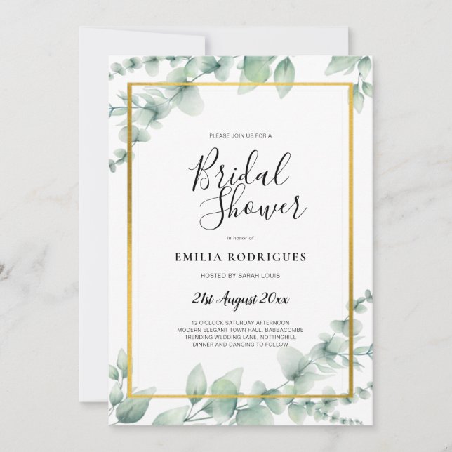 Eucalyptus Greenery BRIDAL SHOWER GOLD QR CODE Invitation (Front)