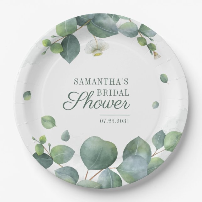 Eucalyptus Greenery Bridal Shower Watercolor Paper Plates (Front)
