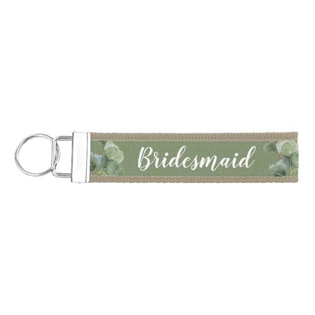 Eucalyptus Greenery Bridesmaid Name Favor Wrist Keychain (Keys on Left)