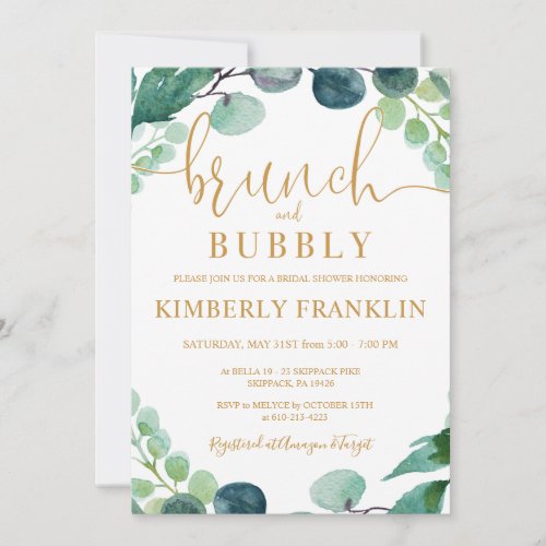 Eucalyptus Greenery Brunch  Bubbly Bridal Shower Invitation