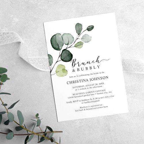 Eucalyptus Greenery Brunch Bubbly Bridal Shower Invitation