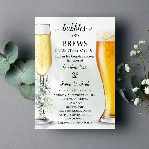 Eucalyptus greenery bubbles and brews shower invitation