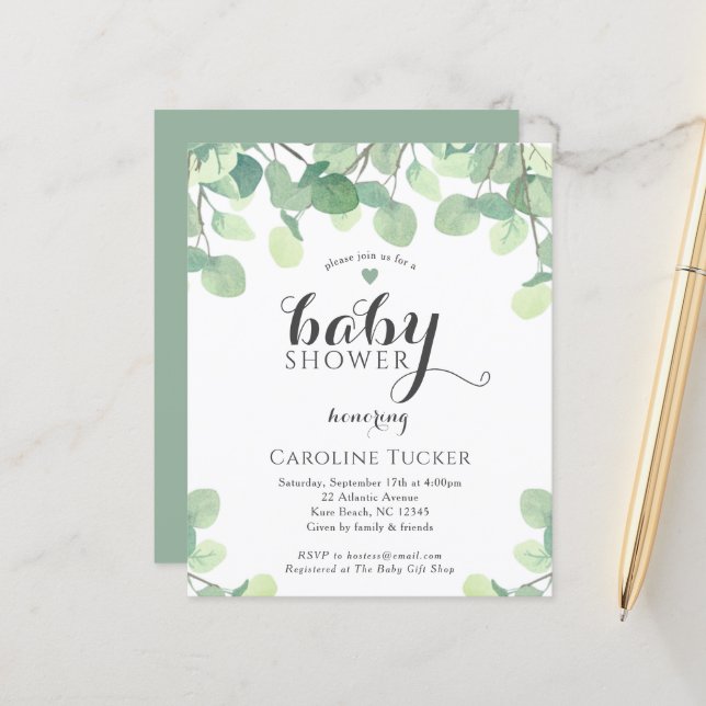 Eucalyptus Greenery Budget Baby Shower Invitation (Front/Back In Situ)