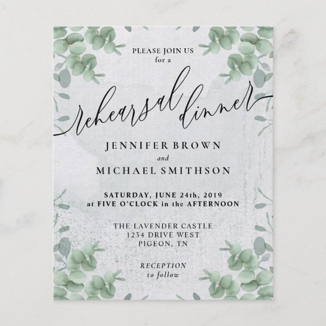 Eucalyptus Greenery budget Rehearsal Dinner Flyer