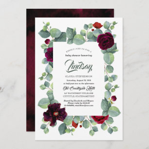 Eucalyptus Greenery Burgundy Floral Baby Shower Invitation