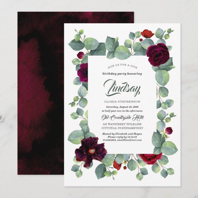 Eucalyptus Greenery Burgundy Floral Birthday Party Invitation (Front/Back)