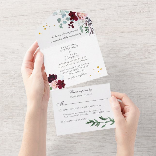 Eucalyptus Greenery Burgundy Floral Rustic Wedding All In One Invitation (Tearaway)