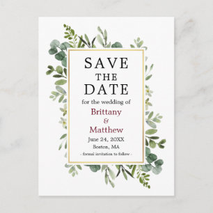 Eucalyptus Greenery Burgundy Save The Date Postcard