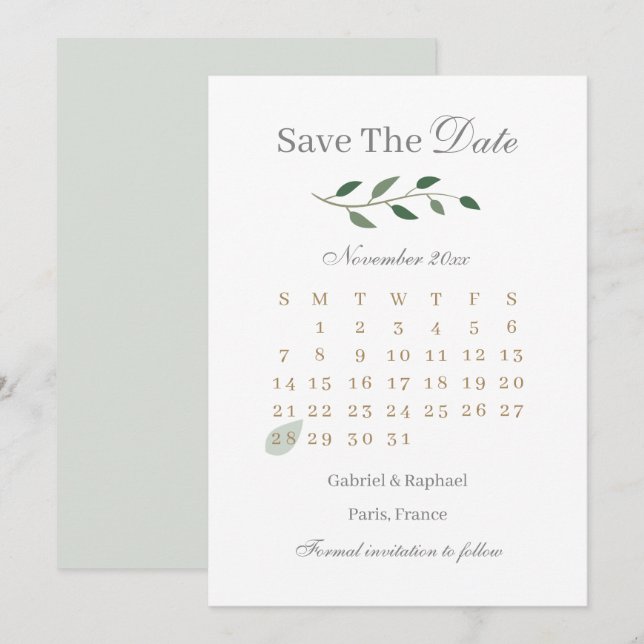 Eucalyptus Greenery Calendar Save The Date Wedding Invitation (Front/Back)