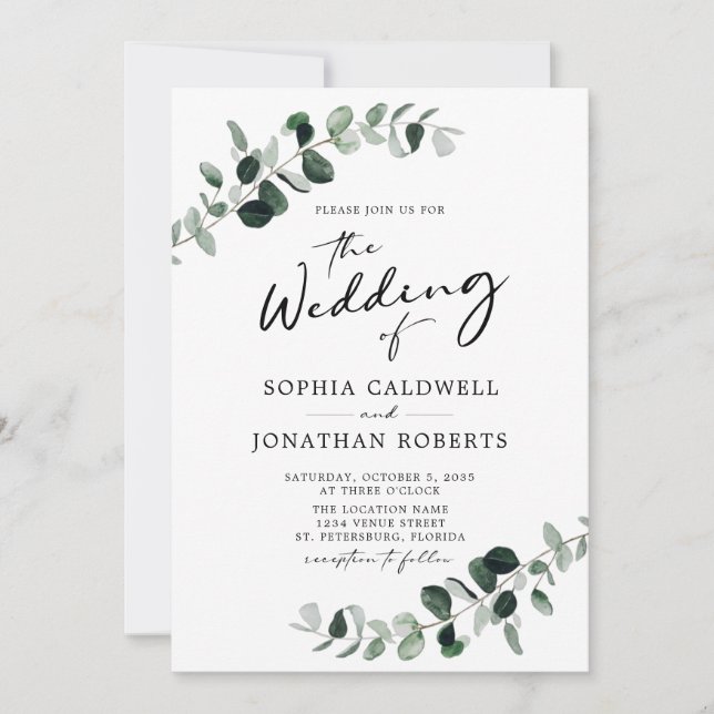 Eucalyptus Greenery Calligraphy QR Code Wedding Invitation (Front)