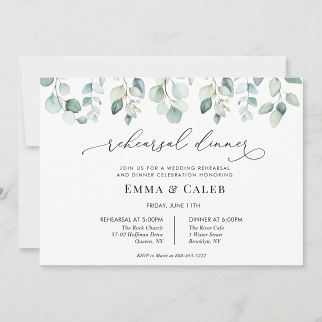 Eucalyptus Greenery Calligraphy Rehearsal Dinner Invitation (Front)