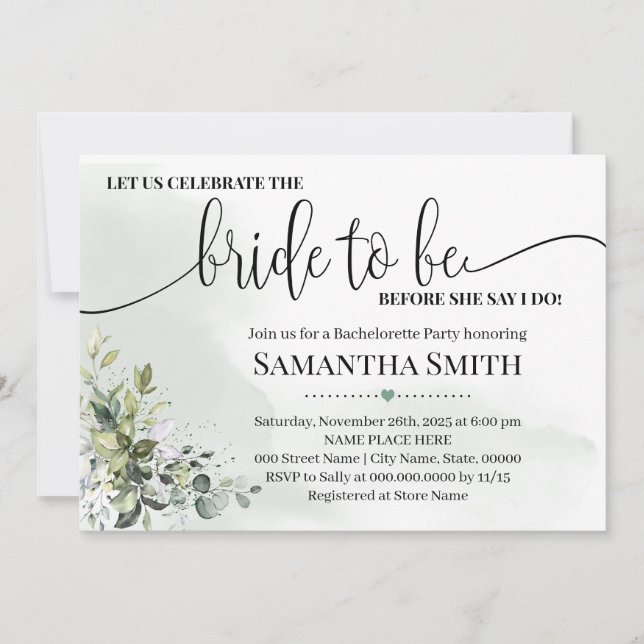 Eucalyptus greenery celebrate bride to be shower invitation (Front)
