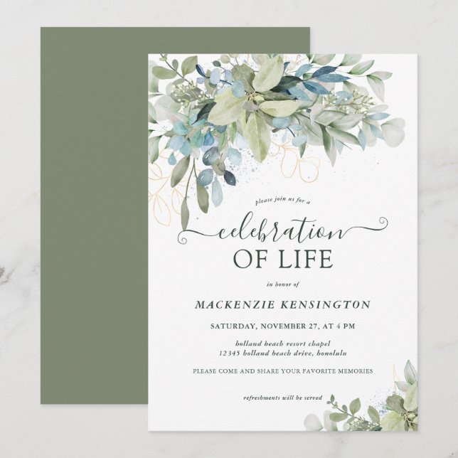 Eucalyptus Greenery Celebration of Life Memorial Invitation (Front/Back)