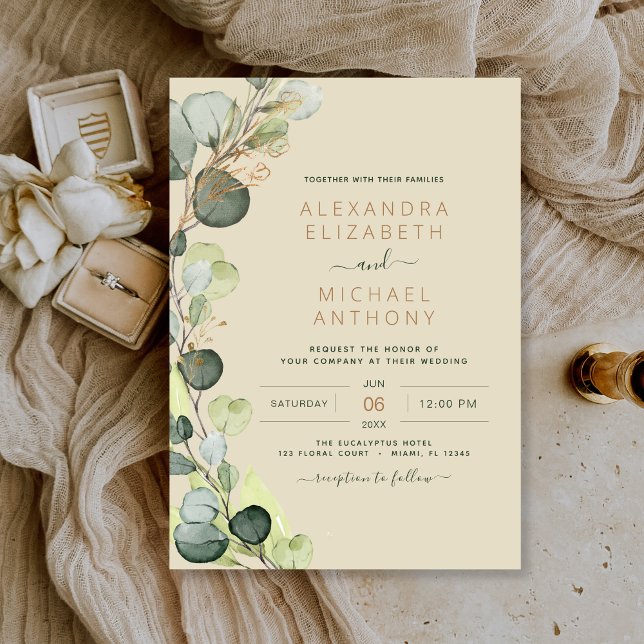 Eucalyptus Greenery Champagne Beige Gold Wedding Invitation (Creator Uploaded)