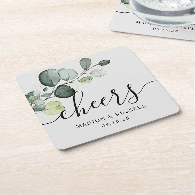 Eucalyptus Greenery Cheers Wedding Favor  Square Paper Coaster (Angled)