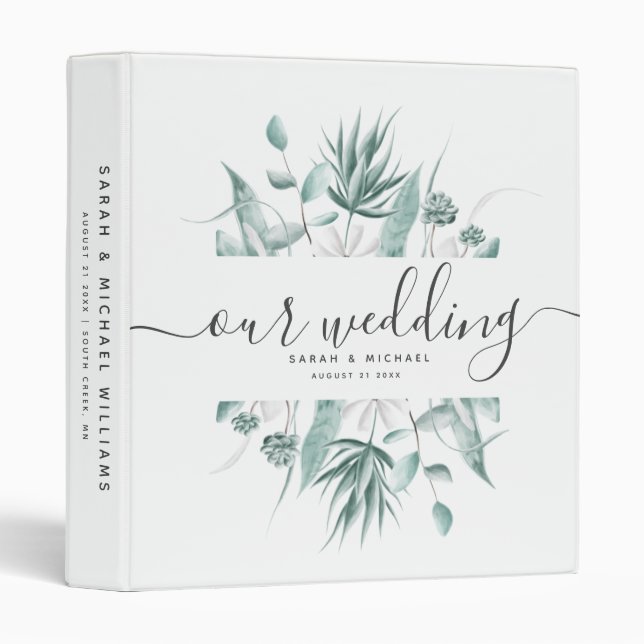 Eucalyptus Greenery Chic Script Our Wedding Photo 3 Ring Binder (Front/Spine)