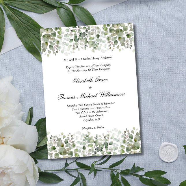 Eucalyptus Greenery Classic Elegant Formal Wedding Invitation (Classic Traditional Formal Eucalyptus Wedding invitation. Printed or Instant digital download.)