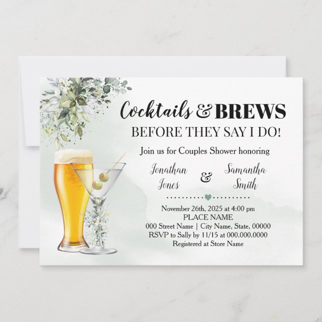 Eucalyptus Greenery Cocktails & Brews Shower Invit Invitation (Front)