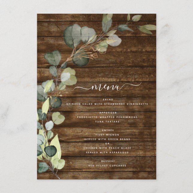 Eucalyptus Greenery Country Rustic Wood Menu (Front)