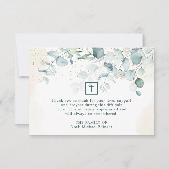Eucalyptus Greenery Cross Religious Funeral Thank  Thank You Card (Front)