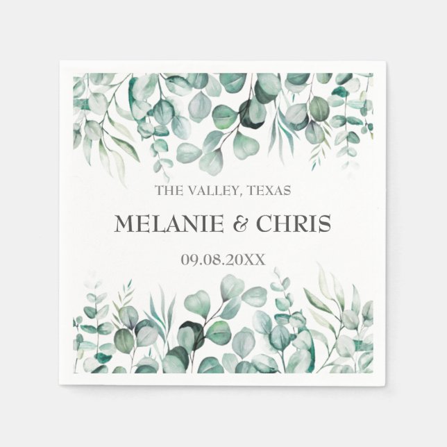 Eucalyptus Greenery Custom Boho Rustic Wedding Napkins (Front)