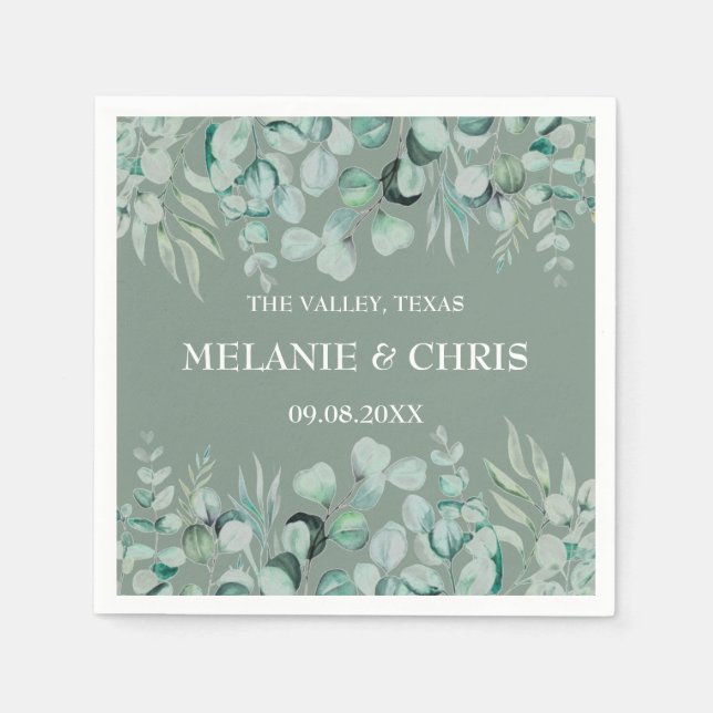 Eucalyptus Greenery Custom Boho Rustic Wedding Napkins (Front)