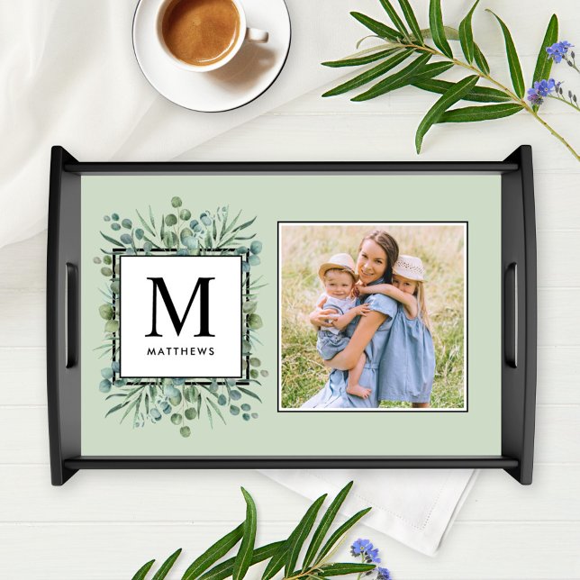 Eucalyptus Greenery Custom Family Monogram Photo Serving Tray (Creator Uploaded)