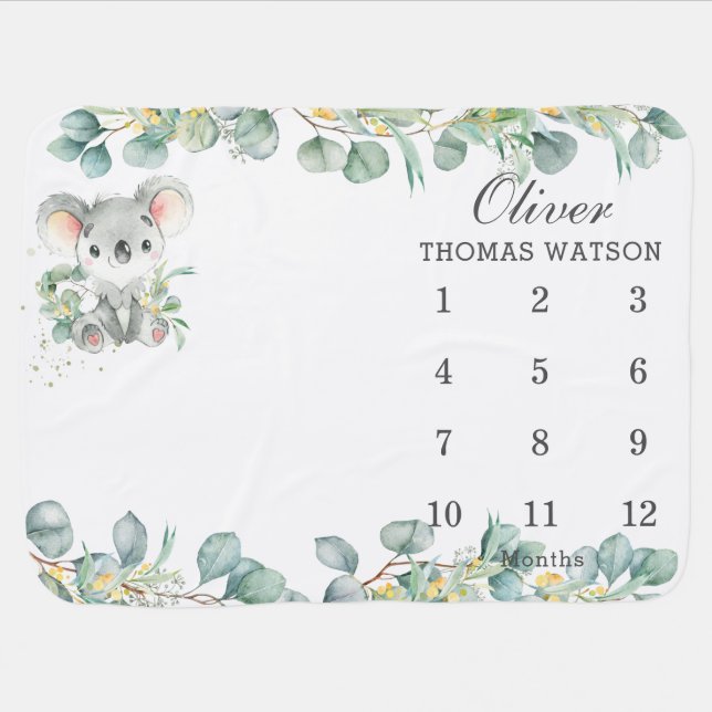 Eucalyptus Greenery Cute Koala Monthly Milestone  Baby Blanket (Horizontal)