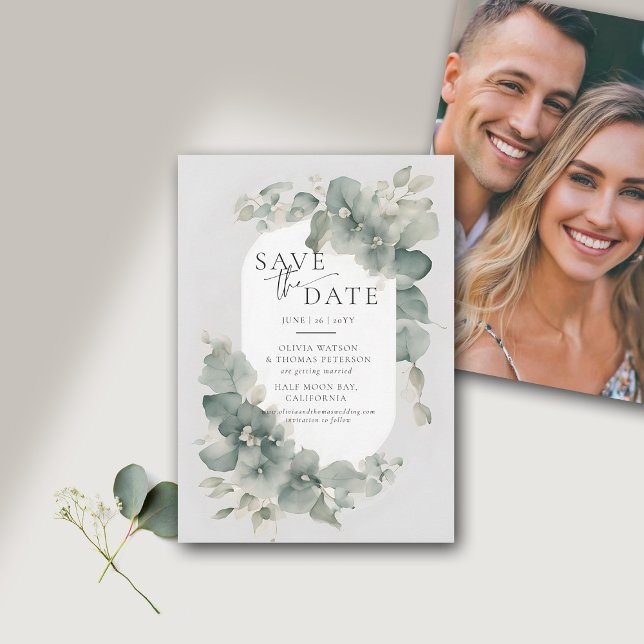 Eucalyptus Greenery Dreamy Elegant Photo Wedding Save The Date (eucalyptus wedding save the date photo watercolor dreamy modern elegant classic)
