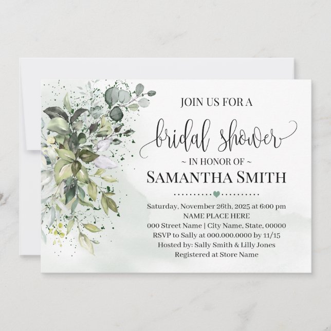 Eucalyptus greenery dust watercolor bridal shower  invitation (Front)
